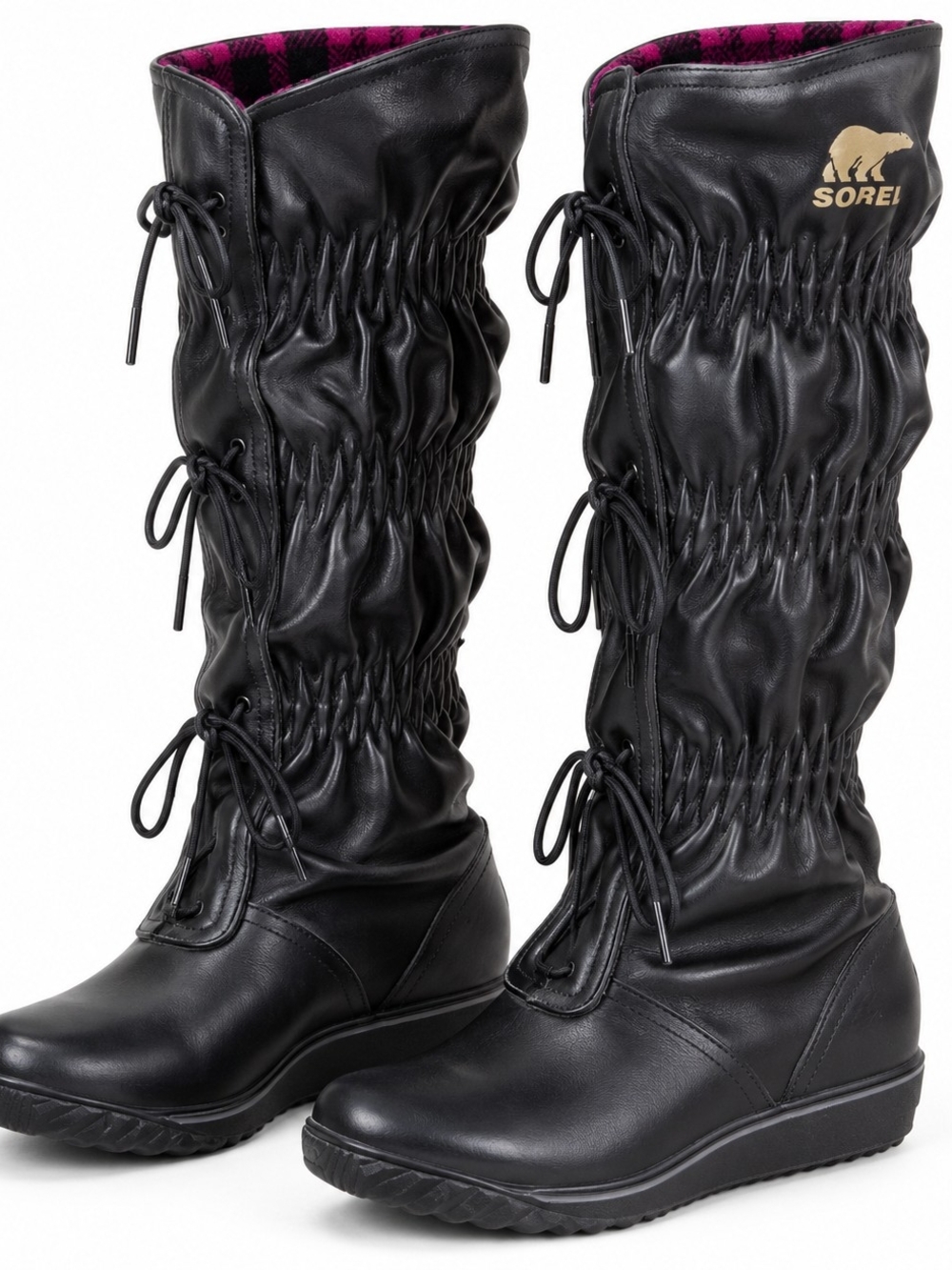 Sorel Black Quilted Ruched Tall Leather Lace-Up Firenzy Boots 7.5 Rare NIB